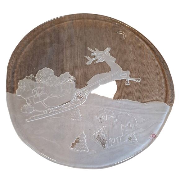 Vetreria Etrusca Platter Christmas Santa Glass Frosted Etched Irregular Oval 90s - Picture 1 of 8